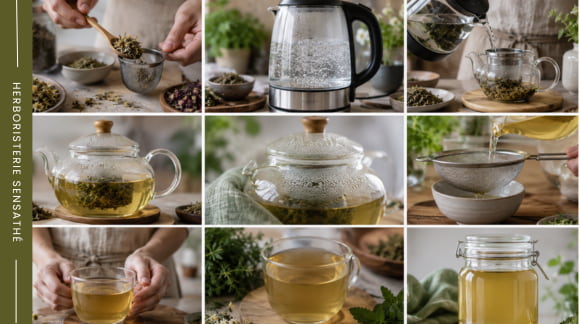 Étapes de préparation d'une tisane maison avec des plantes médicinales, de l'infusion au filtrage avant dégustation - Herboristerie Sensathé